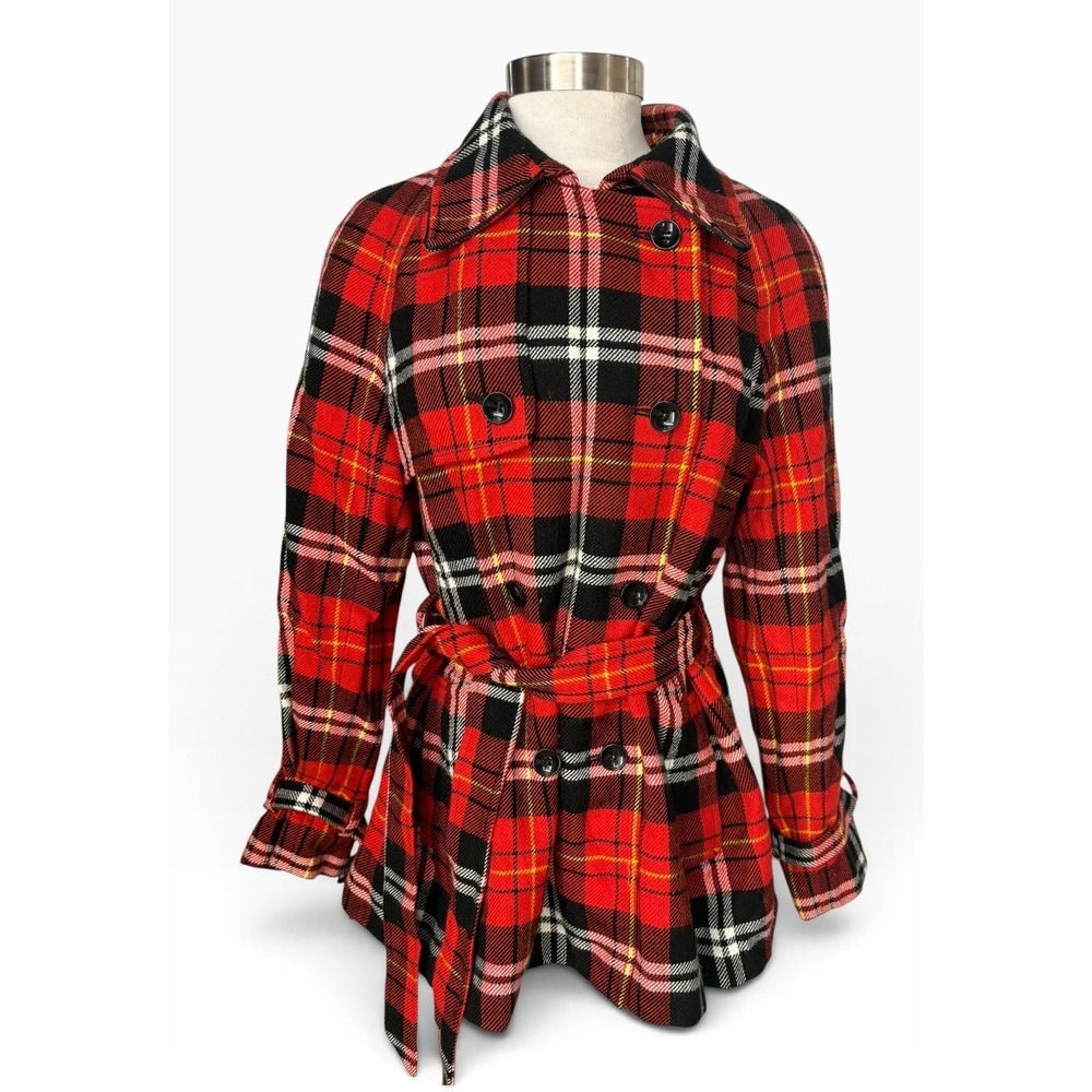 Evan Picone Wool Blend Pea Coat Red Black Plaid Double Breasted Belted Tartan